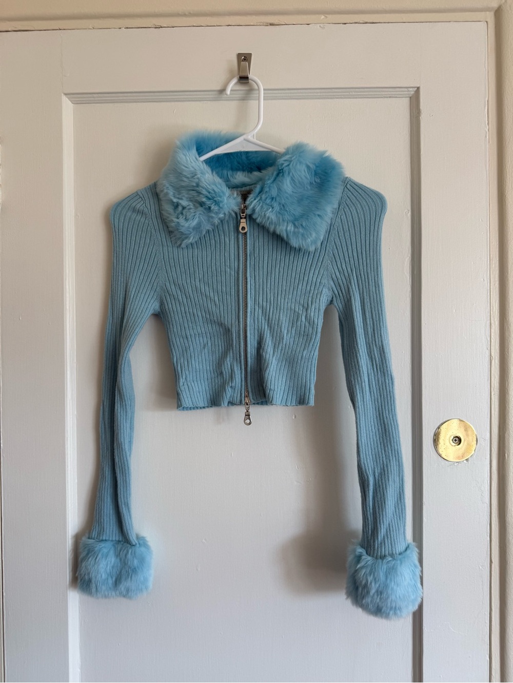 Urban Outfitters Light Blue Ribbed Zip-Up Jacket with Faux Fur Trim